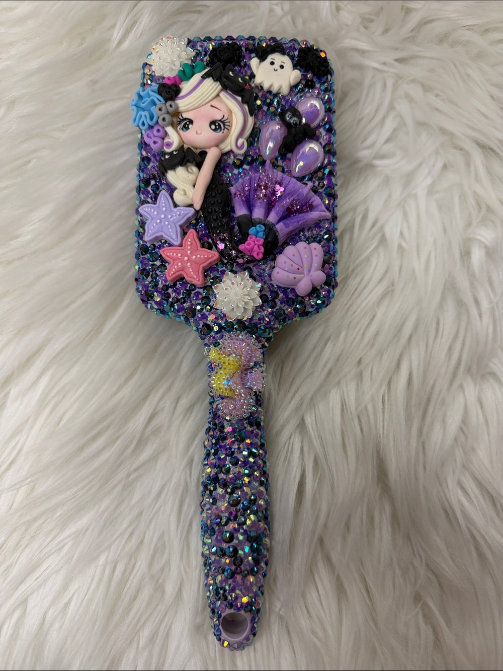 Hand Crafted Purple Mermaid Kids Hair Brush with Pastel Shell Charms